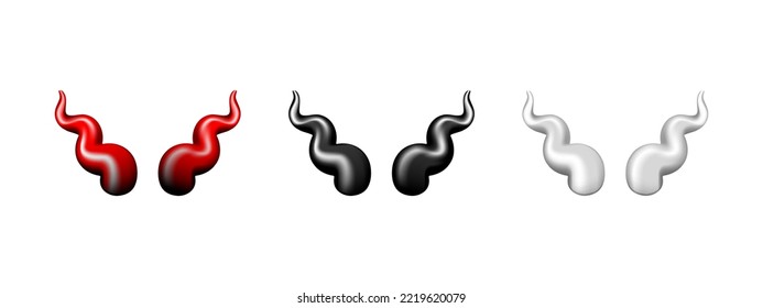 Devil horn set. Black, red and white demon or satan Halloween carnival elements. Vector illustration isolated on white background