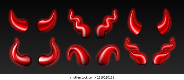 Devil horn set. Set of red glowing demon or satan Halloween carnival elements. Vector illustration on dark background