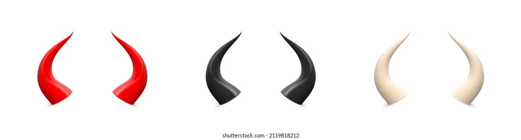 Devil horn set. White, red and black demon or satan Halloween carnial elements. Mobil app attributes isolated on white background