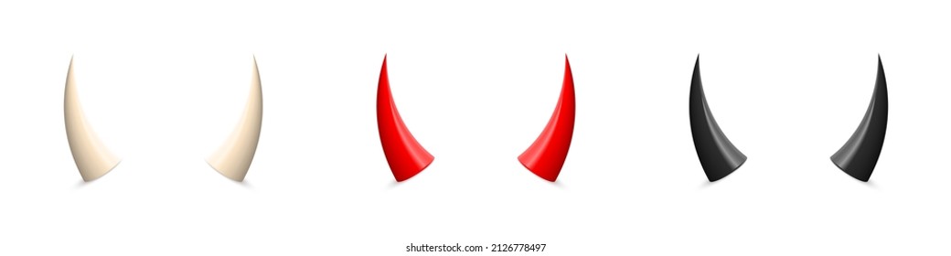 Devil horn set. White, red and black demon or satan Halloween carnial elements. Mobil app attributes isolated on white background