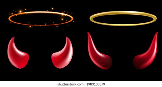 Devil horns and angel rings. Golden glowing halo, shiny golden aureole and red demon evil horn. Realistic halloween costume design, hell and heaven symbol, vector 3d isolated set