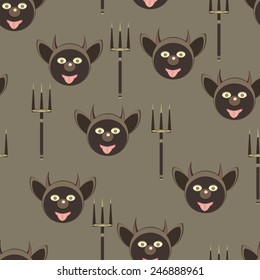Devil with horns and big ears, showing language and laughing. The Trident with Golden tips. Seamless pattern.