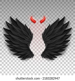 Devil horns and black wings isolated on transparent background. Monster, dark angel outfit. Masquerade, carnival costume. Daemon's red glossy horns and realistic wings. Three dimensional vector EPS 10