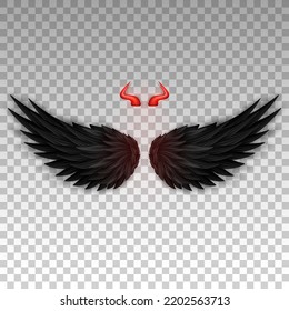 Devil horns and black wings isolated on transparent background. Monster, dark angel outfit. Masquerade, carnival costume. Daemon's red glossy horns and realistic wings. Three dimensional vector EPS 10