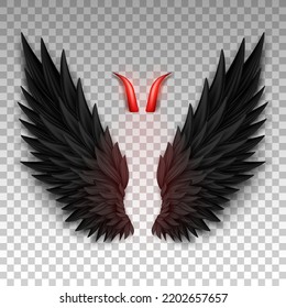 Devil horns and black wings isolated on transparent background. Monster, dark angel outfit. Masquerade, carnival costume. Daemon's red glossy horns and realistic wings. Three dimensional vector EPS 10