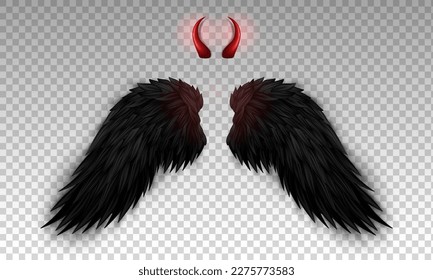 Devil horns and black wings isolated on transparent background. Monster, dark angel outfit. Masquerade, carnival costume. Daemon's red glossy horns and realistic wings. Three dimensional vector EPS 10