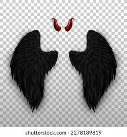 Devil horns and black wings isolated on transparent background. Monster, dark angel outfit. Masquerade, carnival costume. Daemon's red glossy horns and realistic wings. Three dimensional vector EPS 10