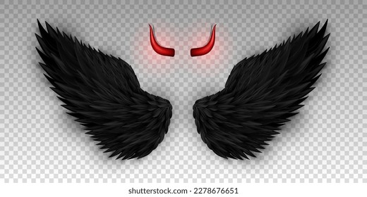 Hornos malvados y alas negras aisladas en un fondo transparente. Monstruo, traje de ángel oscuro. Mascarada, disfraz de carnaval. Los brillantes cuernos rojos del demonio y alas realistas. EPS vectorial tridimensional 10