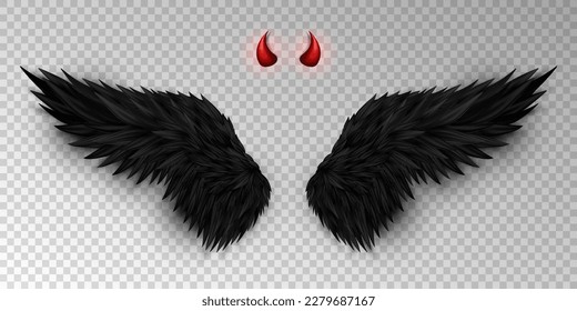 Devil horns and black wings isolated on transparent background. Monster, dark angel outfit. Masquerade, carnival costume. Daemon's red glossy horns and realistic wings. Three dimensional vector EPS 10