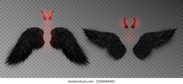 Hornos malvados y alas negras aisladas en un fondo transparente. Monstruo, traje de ángel oscuro. Mascarada, disfraz de carnaval. Los brillantes cuernos rojos del demonio y alas realistas. EPS vectorial tridimensional 10