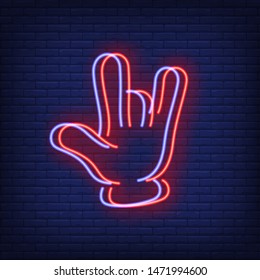 Devil horns gesture neon sign with chromatic aberration effect. Rock and Roll, advertising design. Night bright neon sign, colorful billboard, light banner. Vector illustration in neon style.