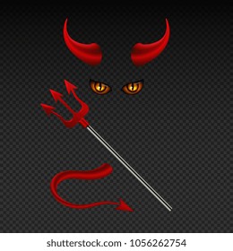 Devil horns, harpoon, satanic yellow eyes and tail isolated vector photobooth props for hell party. Illustration of satan or devil with horn