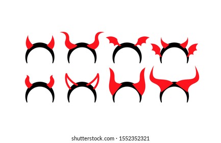 Devil Horns headband Set Vector. Good For Halloween Party. Red Devil Demon Satan Horn. Carnival Symbol Isolated Illustration.