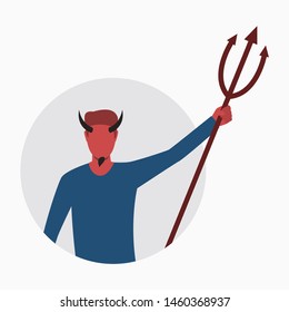 Devil with horns raising trident on light gray round background. Halloween, cartoon characters, costume. Vector illustration for poster, leaflet, brochure