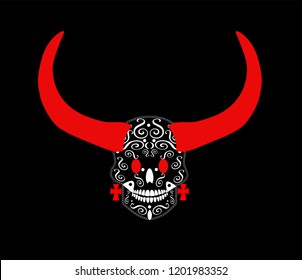 Devil with horns, red and black ornament background