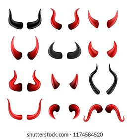 Devil horns set. Red demon or satan symbol, halloween costume kit or carnival element. Vector flat style cartoon horns illustration isolated on white background