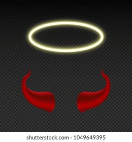 Devil horns and shining angel nimbus. Heaven and hell vector symbols isolated. Angel and devil, satan and saint illustration
