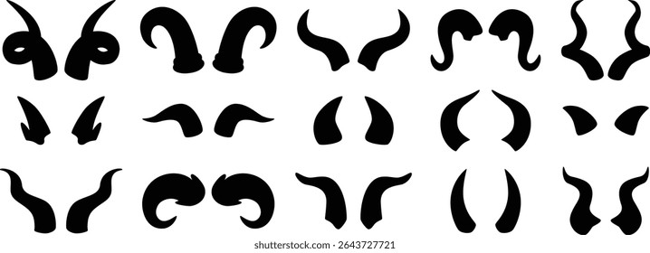 Devil horns silhouettes. Demon horn shapes collection, black imp or satan horns icons. Evil monster fantasy accessories. Gothic animal horn pairs isolated vector graphic elements set.