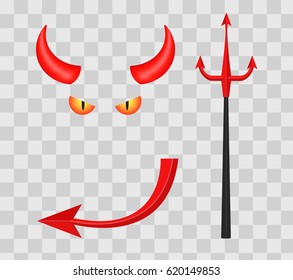 Devil Horns, Trident, Eyes And Tail Isolated On Transparent Checkered Background. Vector Illustration.