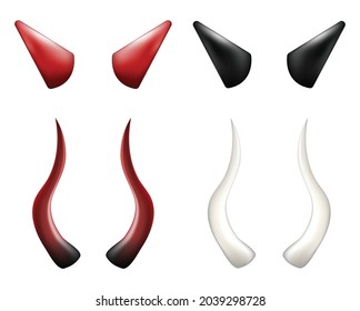 Devil horns vector illustration set. Red, Black and white horn collection. Demon horns isolated.