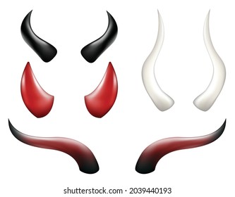 Devil horns vector illustration set. Red, Black and white horn collection. Demon horns isolated.