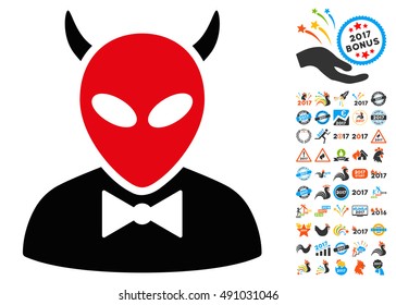 Devil icon with 2017 year bonus vector pictograms. Clipart style is flat symbols, white background.