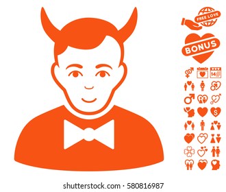 Devil icon with bonus dating pictograms. Vector illustration style is flat iconic orange symbols on white background.