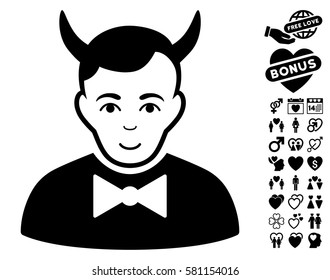 Devil icon with bonus love images. Vector illustration style is flat iconic black symbols on white background.