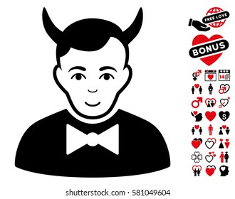 Devil icon with bonus love pictograms. Vector illustration style is flat iconic intensive red and black symbols on white background.