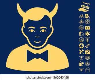 Devil icon with bonus nanocopter service icon set. Vector illustration style is flat iconic yellow symbols on blue background.