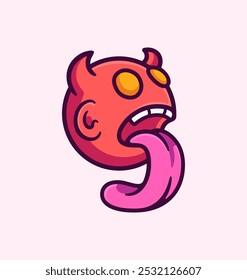 Devil Icon with a Long Tongue, Playful Monster Face Cartoon Vector Illustration