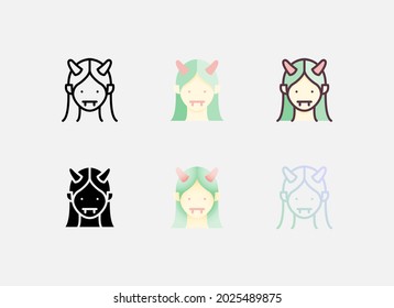 Icono del diablo en seis estilos, contorno, plano, contorno de color, glifo, gradiente plano y estilo de línea de gradiente. Adecuado para el evento de Halloween.