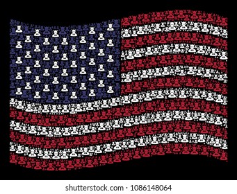 Devil icons are arranged into waving American flag abstraction on a dark background. Vector composition of American state flag is done with devil items. Designed for political and patriotic agitation.