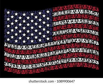 Devil icons are arranged into waving USA flag abstraction on a dark background. Vector composition of American state flag is constructed of devil elements.