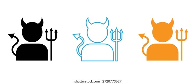 Ícones do diabo em cores pretas, azuis e laranja para projetos de design