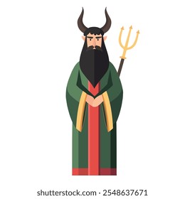 Devil illustration. Dark man with black beard, horns, long green coat and trident isolated on white background. Flat design vector clipart, Saint Nicholas day holiday. Czech, Slovak, Dutch tradition.