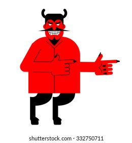 Devil indicates. Red demon with horns and hoofs. Satan with beard.