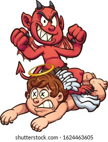 Devil kid standing over defeated kid angel. Vector cartoon clip art illustration with simple gradients. All on a single layer.
