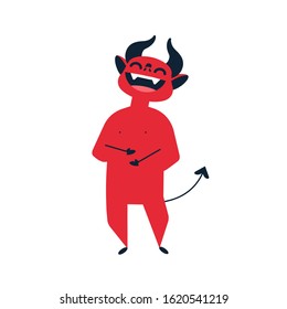 Devil laughing flat vector illustration. Little red cute demon joking cartoon colorful character. Satan funny expression design element. Smiling fantasy creature isolated on white background.