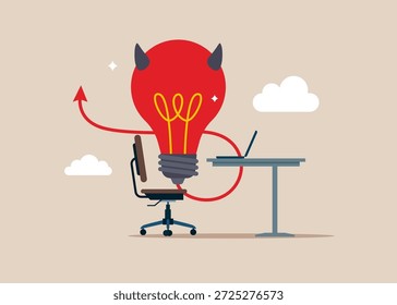 Lâmpada do diabo na mesa olhando para o laptop. Má ideia causa problema e fracasso, má ideia ou erro estúpido, desapontamento de rejeitado, mal e opinião negativa.