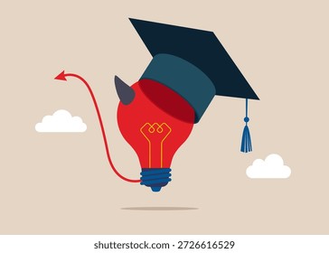 Teufels Glühbirne trägt akademische Graduierung Mörtelbrett Hut. Ausbildung Lehrplan, Übersee-College und Universität. Schlechte Idee verursacht Problem und Versagen, schlechte Idee oder dummer Fehler, negative Meinung