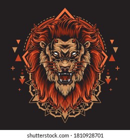 Devil lion with angry face and mandala geometry illustration style in black background. T-Shirt Graphics, Hoodies, Tank Tops, Mugs, Phone Cases, Stickers, Posters.