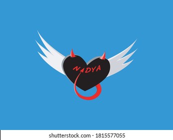 Devil Love with demon wing, horn and tail Icon. Simple Heart Illustration, Devil heart logo with wings and horns vector image.