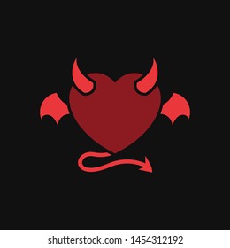 devil love with demon wing tattoo vector design. heart icon with horn and tail illustration. simple graphic for evil relationship concept design.