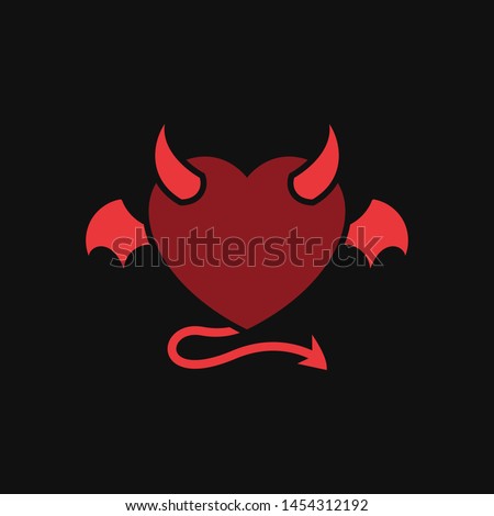 devil love with demon wing tattoo vector design. heart icon with horn and tail illustration. simple graphic for evil relationship concept design.