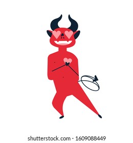 Devil in love flat vector illustration. Amorousness, beguin, fondness, love, warm feeling concept. Enamored demon, passionate red mythical creature holding heart isolated on white background.