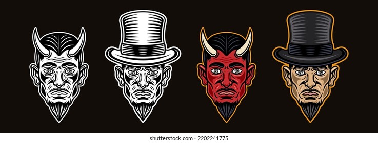 Devil or lucifer head with horns and in cylinder hat characters set of vector colorful, black and white objects or elements for your design