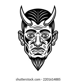 Devil or lucifer head with horns vector monochrome illustration in vintage style isolated on white background