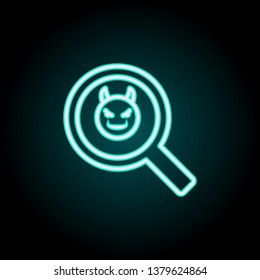the devil in a magnifying glass neon icon. Elements of Virus, antivirus set. Simple icon for websites, web design, mobile app, info graphics