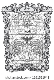 Devil. Major Arcana tarot card. The Magic Gate deck. Fantasy engraved vector illustration with occult mysterious symbols and esoteric concept